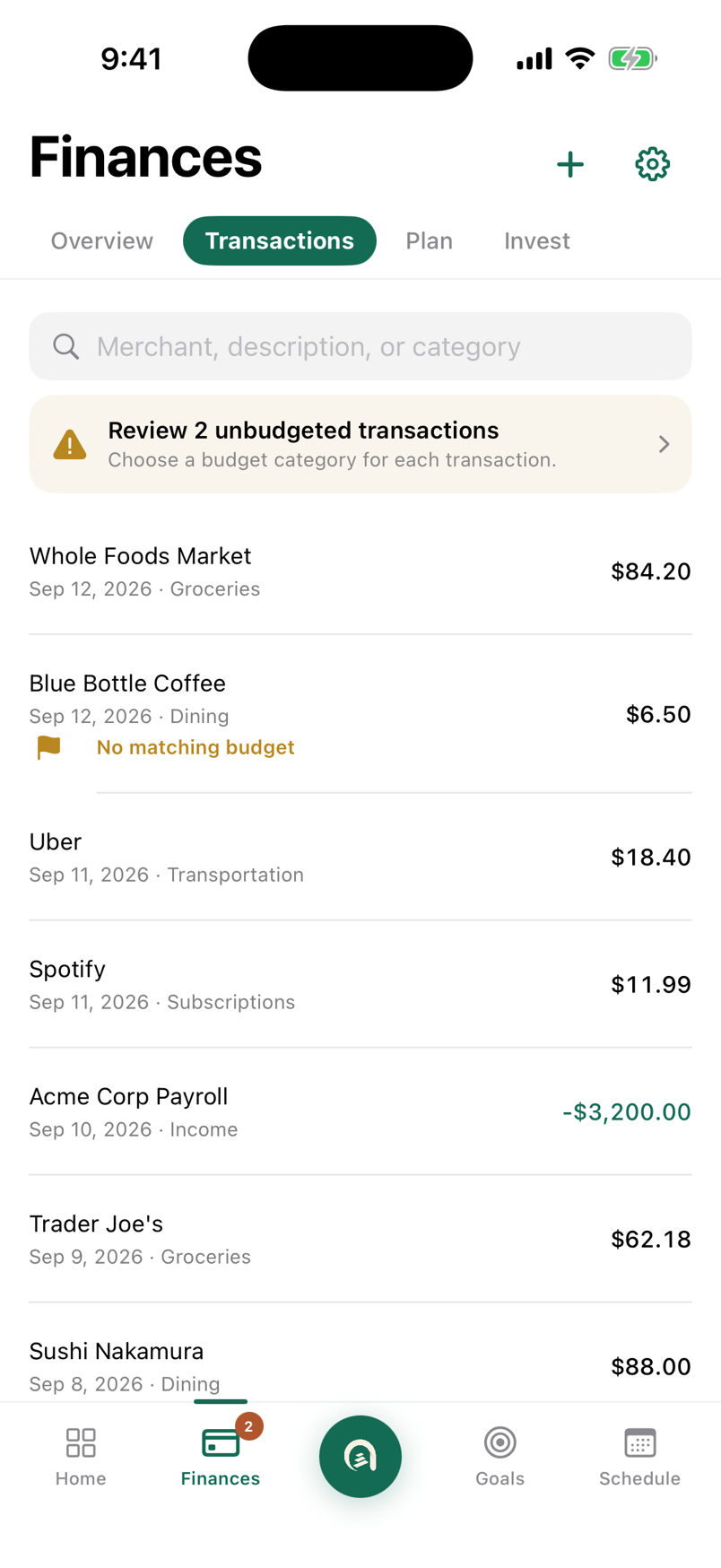 Audel's Finances tab on its Transactions section: a prompt to review two unbudgeted transactions, then recent transactions with dates and categories.
