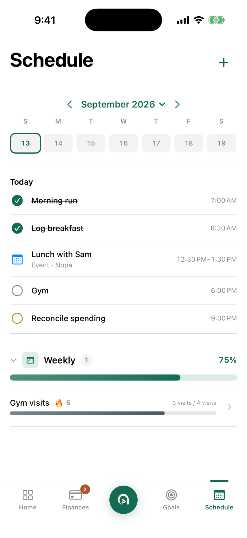 Audel's Schedule tab: the week of September 2026 with today selected, then today's list with a completed morning run and logged breakfast, lunch with Sam, the gym and an evening reminder, followed by a weekly routine group at 75 percent.